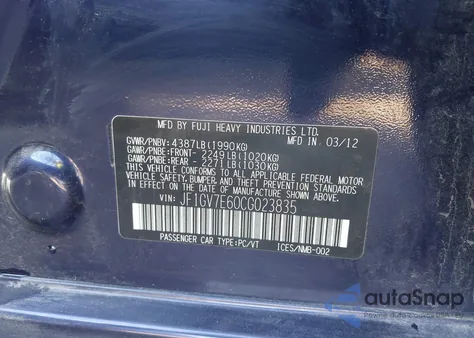 2012 Subaru Impreza Wrx from USA, damaged, VIN JF1GV7E60CG023835